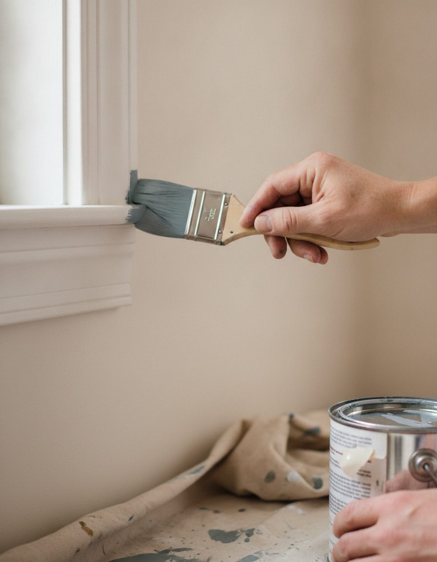 A painter's hand cutting a clean line of slate-blue paint along white trim with an angled brush