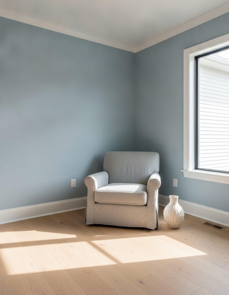 Sunlit living room corner freshly painted a soft slate-blue with crisp white trim and warm oak floors