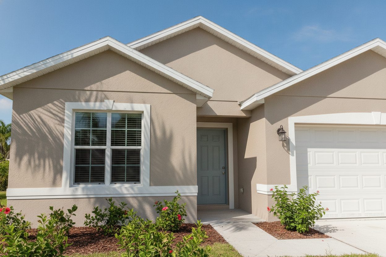 Single-story Florida home exterior freshly painted greige with white trim and a slate-blue front door