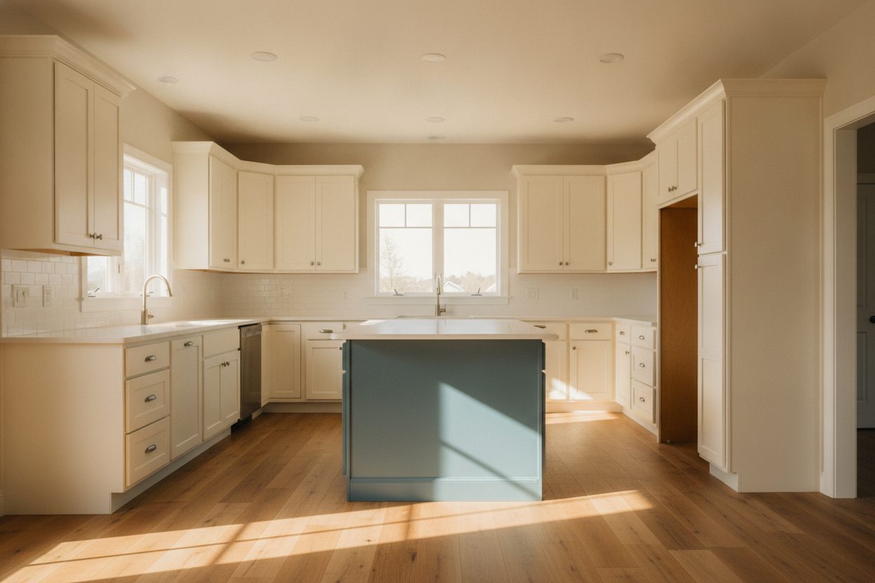 Freshly painted kitchen with off-white cabinets and a slate-blue island in bright sunlight